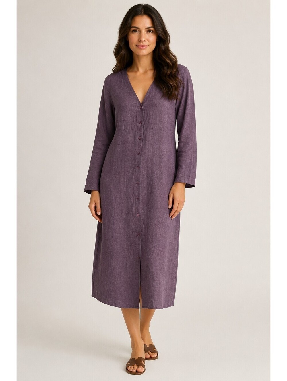 Massimo Dutti Linen Blend Button Front Midi Dress Purple Long Sleeve Size S